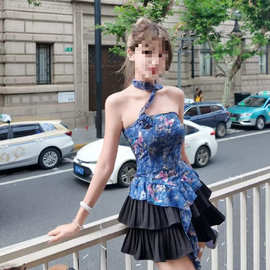 YS8法式蝴蝶花朵印花抹胸背心女夏季辣妹一字肩挂脖短款绝美上衣
