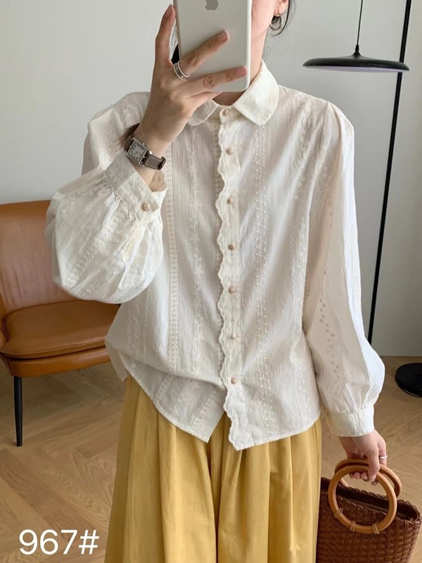 初秋长袖衬衣女25年新款气质文艺清新翻领重工刺绣钩花衬衫ZLG15|undefined