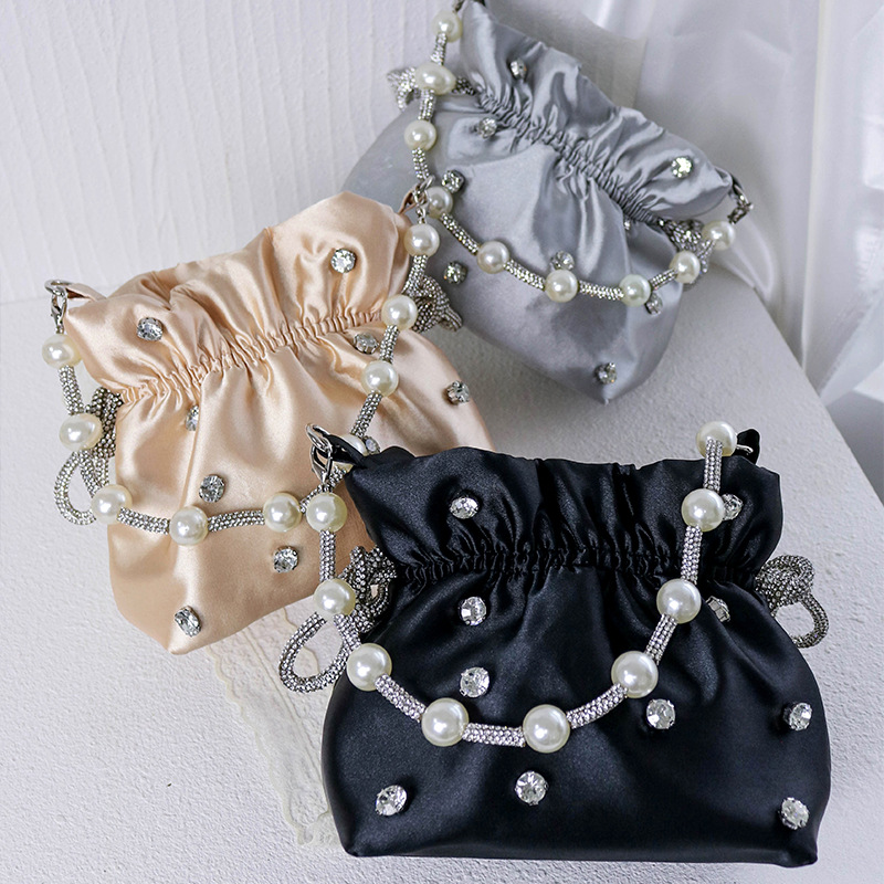 Bagages et sacs Nouvelle mode strass couleur unie sac de soirée à la mode simple sac à bandoulière perlé plissé cordon de serrage sac pour femme_voghion.com