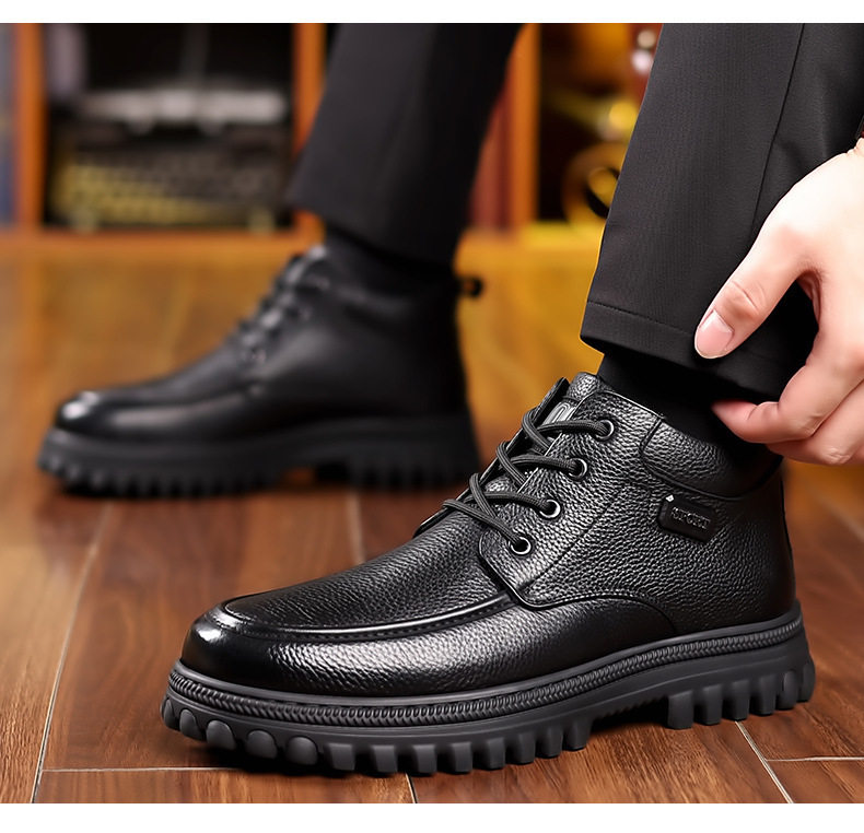 Giày bốt Martin nam da bò lót lông giữ ấm, đế dày gót thấp 1–3 cm — 9198 giày cao gót màu đen, 9199 thắt dây màu đen chi tiết 22