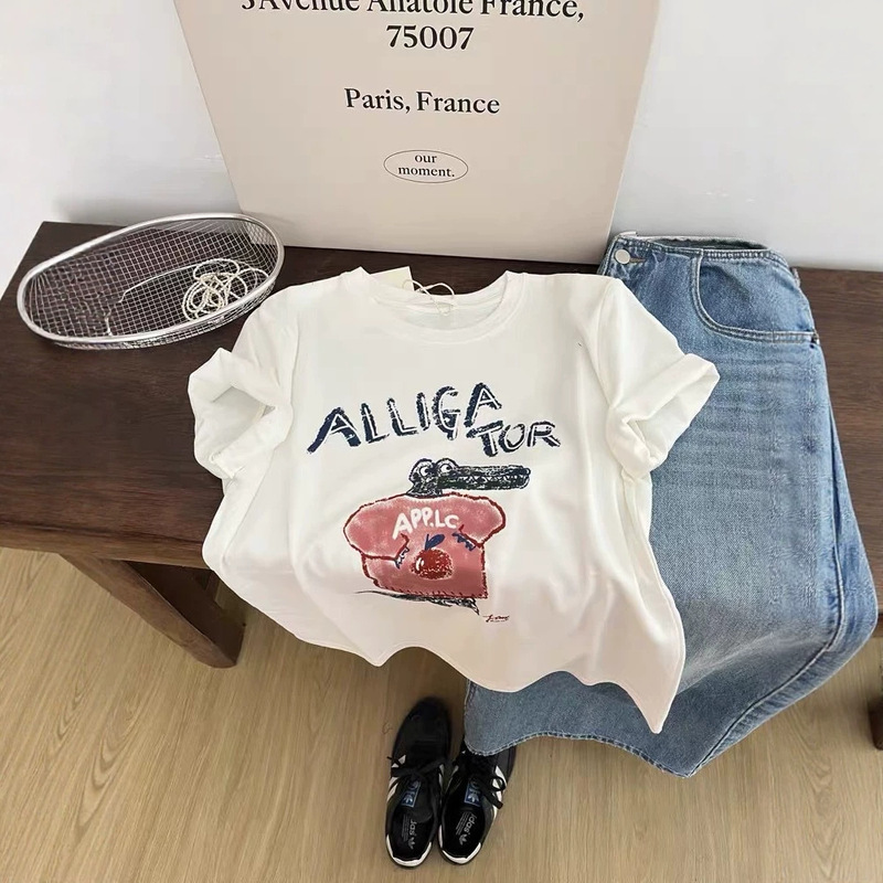 In Stock with Free Shipping: Korean Dongdaemun Summer New Style Pink Crocodile Minimalist Print Short-Sleeve T-Shirt Loose Top for Women In Stock with Free Shipping: Korean Dongdaemun Summer New Style Pink Crocodile Minimalist Print Short-Sleeve T-Shirt Loose Top for Women