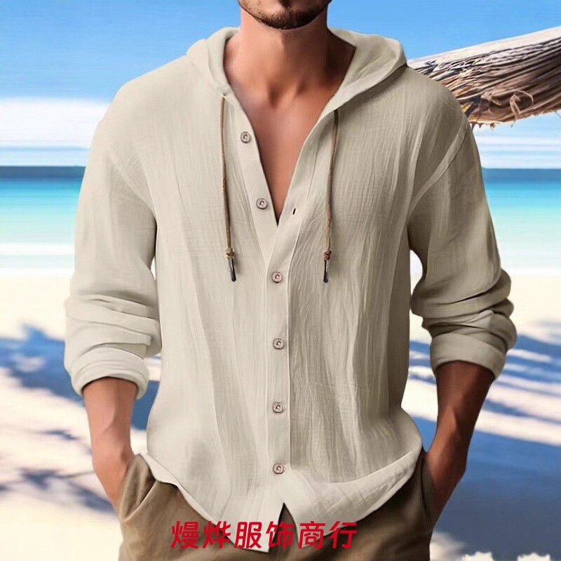Cross-Border Amazon 2026 New Fashion Spring and Summer Men's Hooded Shirt Solid Color Wrinkled Casual Long-Sleeved Top.