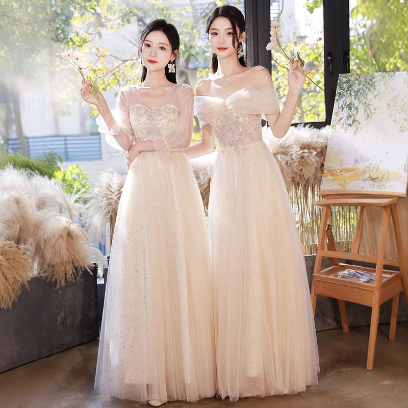Champagne Bridesmaid Dress Long 2025 New Summer Wedding Sister Group Slimming Look Long-Sleeved Fairy Evening Dress for Women