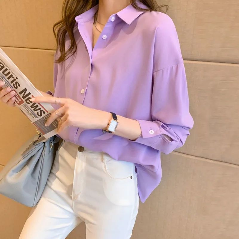 Spring and Autumn Loose plus size Solid Color Chiffon Shirt Women's Korean Style Casual Style Ins Hong Kong Style Long Sleeve Shirt Base Shirt
