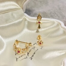 熔金玫红十字架耳骨钉D型耳骨钉小众设计感钛钢耳钉百搭耳饰耳环