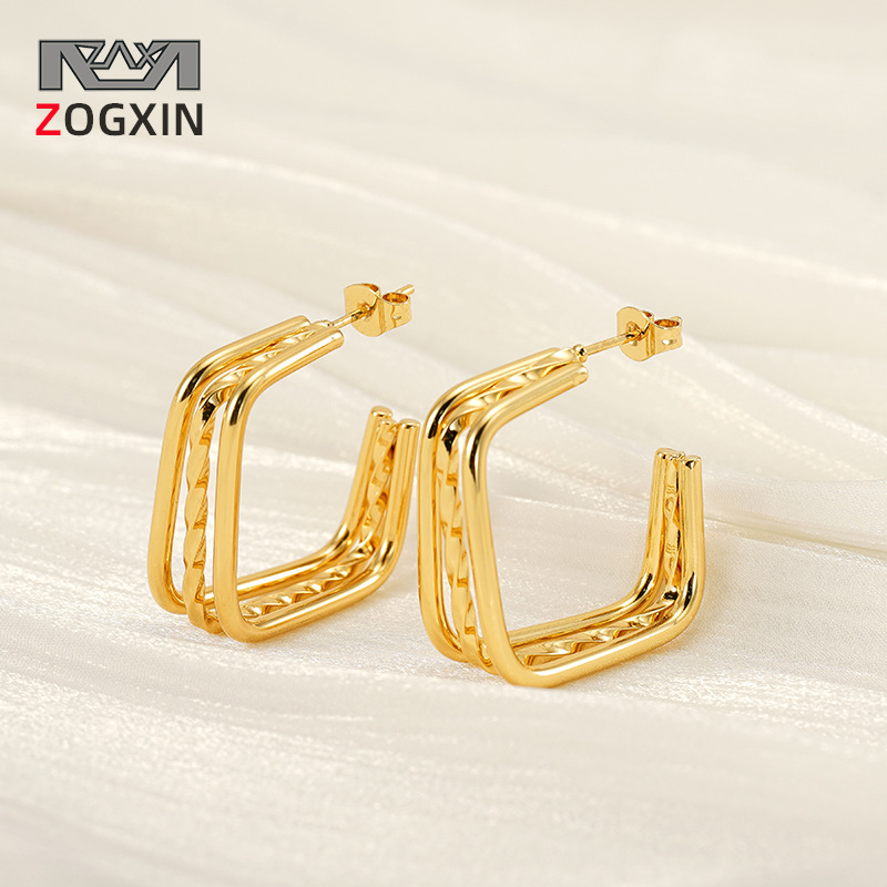 Pendientes de acero inoxidable multicapa europeos y americanos transfronterizos Pendientes de acero de titanio cuadrado geométrico chapado en oro de temperamento simple femenino