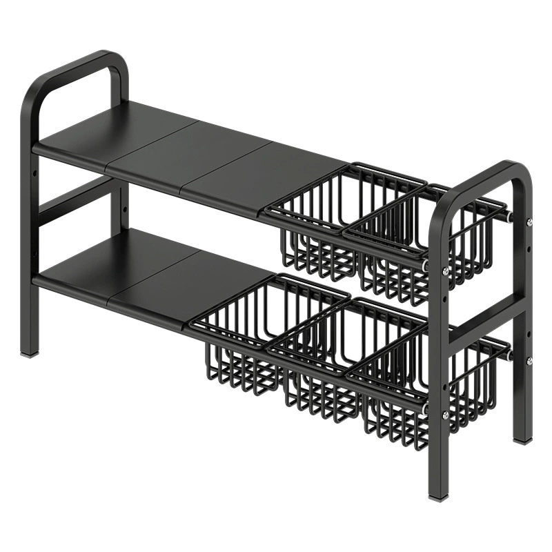 Retractable multi-layer kitchen water groove rack with adjustable shelves and baskets by 钱兜旺