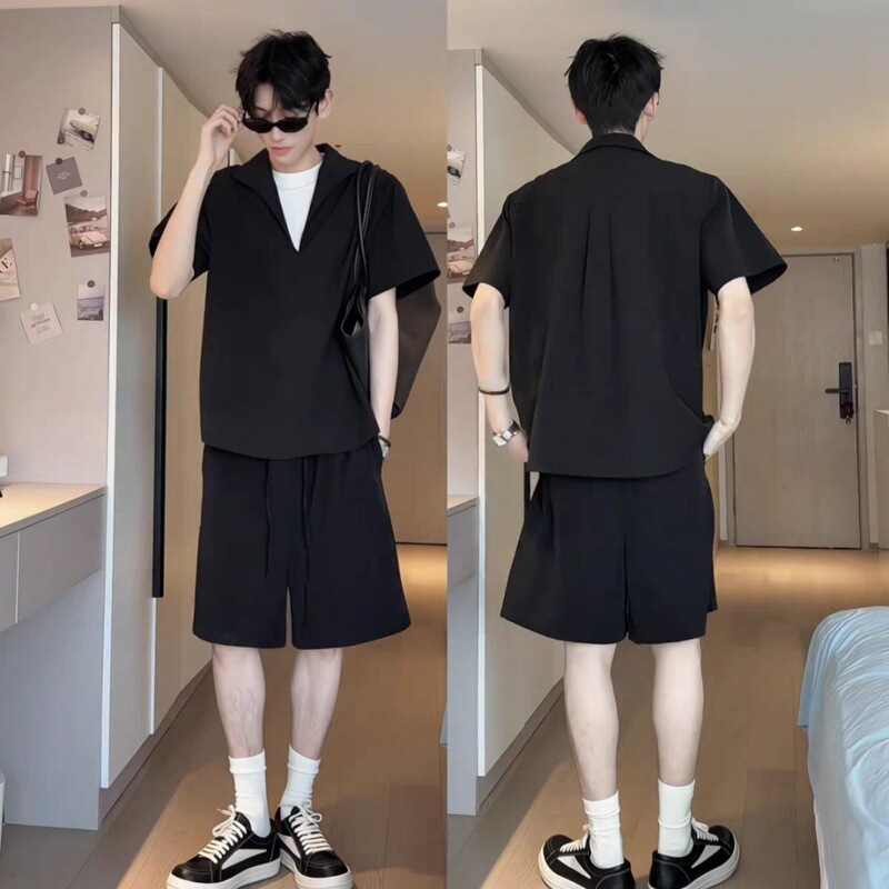 Plus-Size Two-Piece Old Money Style Suit with Short-Sleeved Shirt for Summer, Extra Large Men's Outfit, Stylish Combination