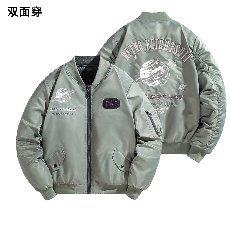 棉衣飞行服棒球领加棉夹克跨境刺绣宽松棒球服羽绒棉服双面穿棉袄