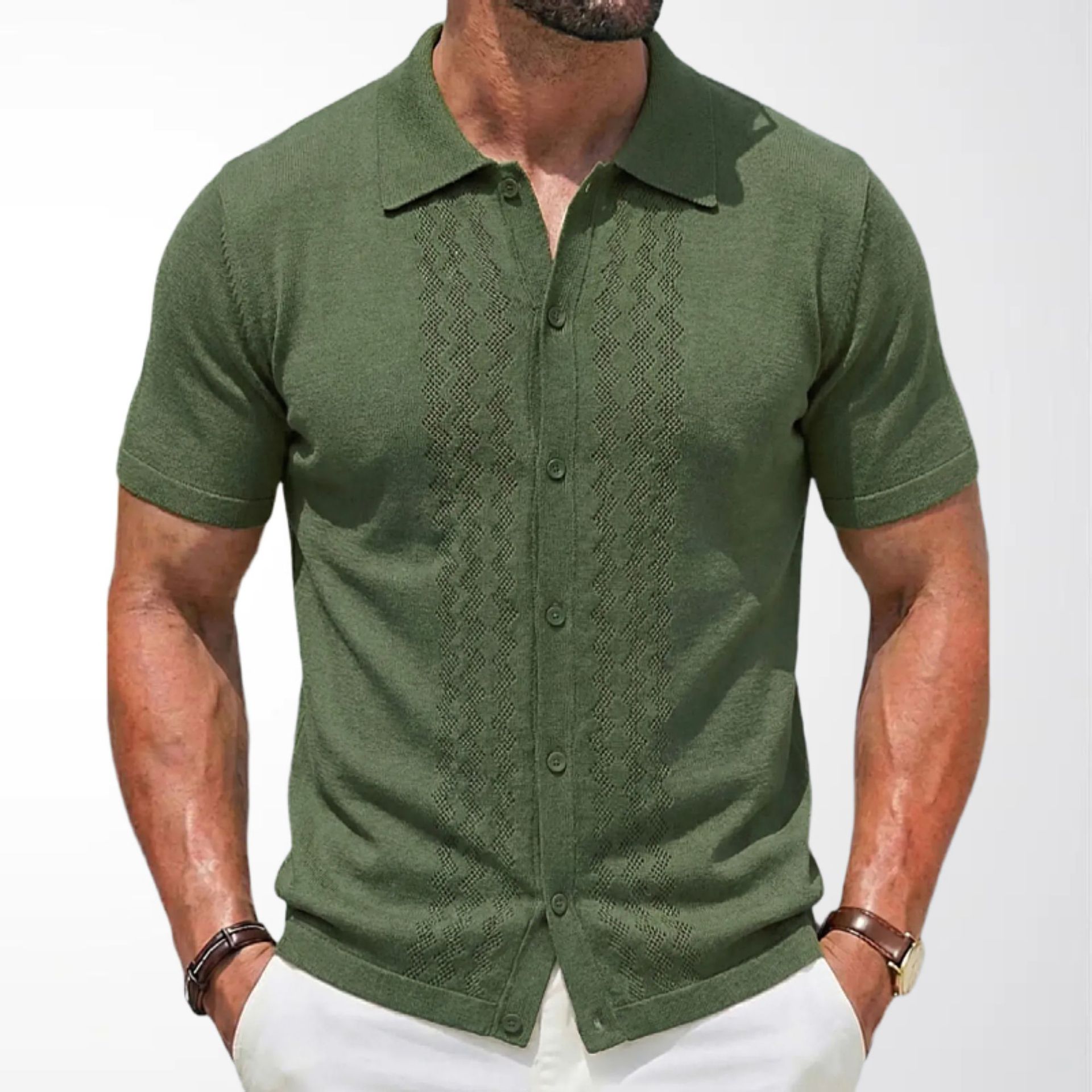 Cross-Border Men's Clothing Summer New Style Workwear Style Short-Sleeved Knitwear with Dark Pattern Hollow Casual Cardigan Polo Shirt Sy0065