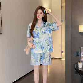 夏季睡衣女冰丝薄款短袖短裤套装印花休闲高级感轻奢风家居服