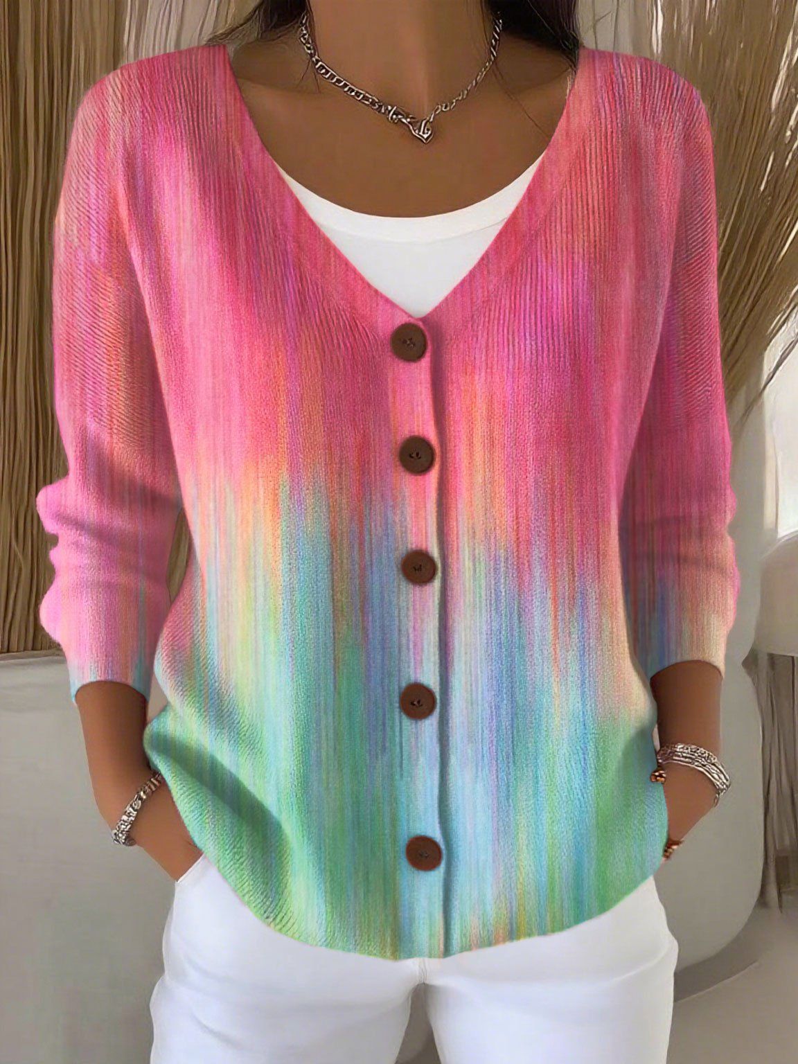 Ouy-Vk5 Cardigan V-Neck Long-Sleeved 5-Button Printed Sweater