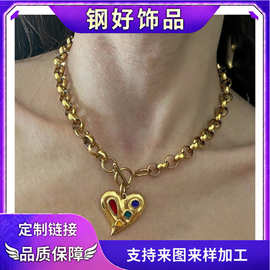 跨境不规则爱心镶嵌彩色锆石吊坠可调节粗金项链通勤休闲风项饰女