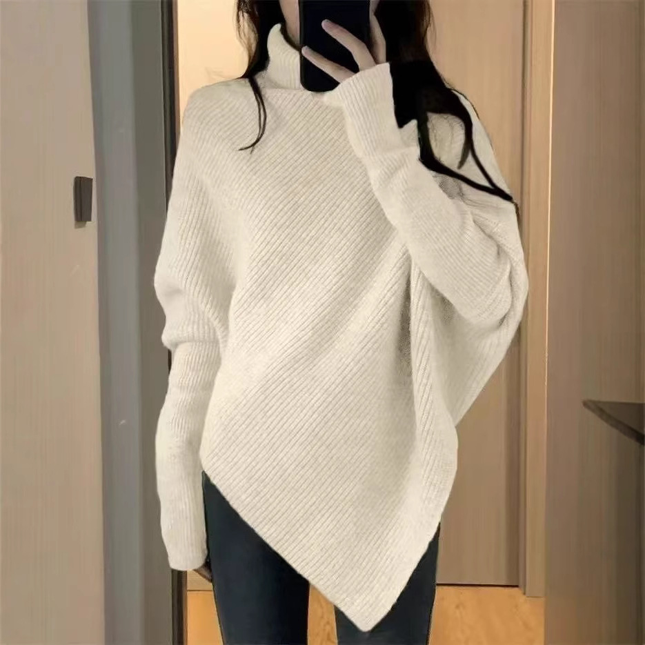 터틀넥 불규칙한 틈새 디자인 스웨터 여성의 가을과 겨울 한국 스타일 느슨한 게으른 스타일 부드러운 왁스 니트 탑 두껍게