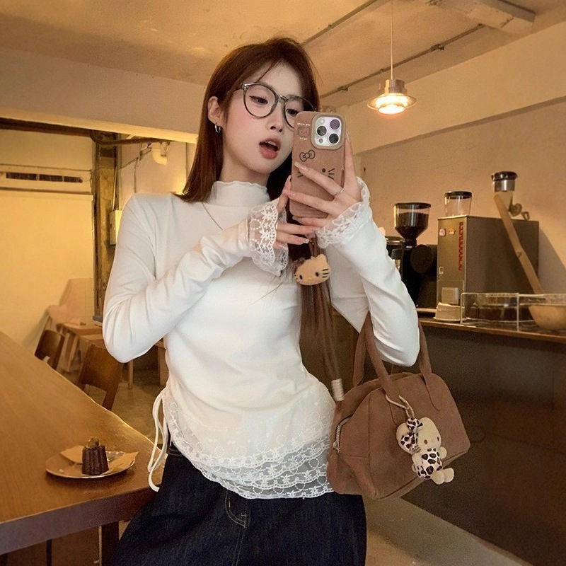 Cream White Double-Layer Lace Splicing Half Turtleneck Long-Sleeved T-Shirt for Women in Autumn and Winter Slim Drawstring Inner Velvet Top