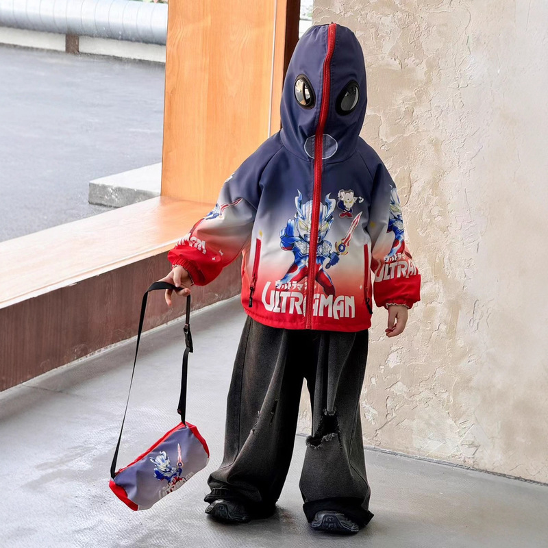 Cross-Border Children's Spider-Man Jacket Spring and Autumn Boys' Ultraman Jacket Top with Glasses Reversible