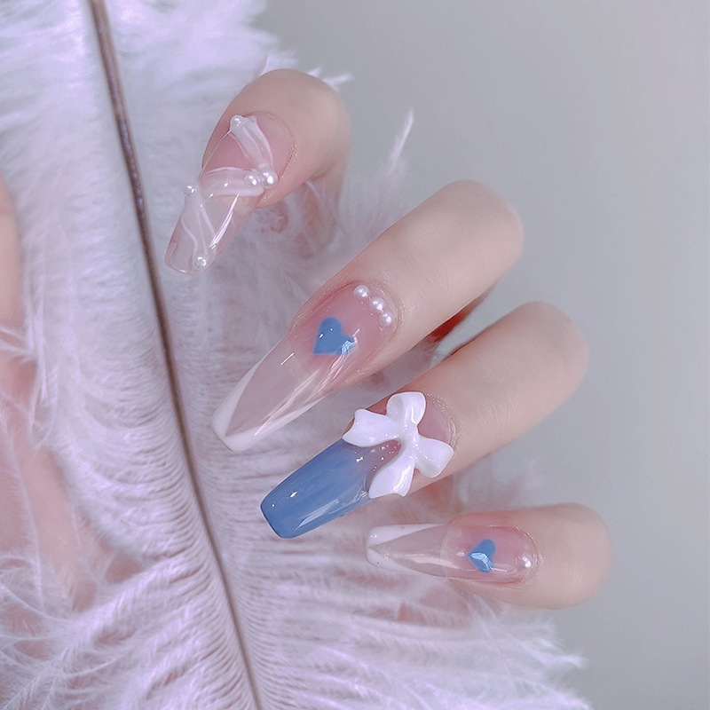 Ice Blue Heart Ribbon Ballet Nail Bow Manicure Patch French Wear Nail Fake Nail Manicure Long Style
