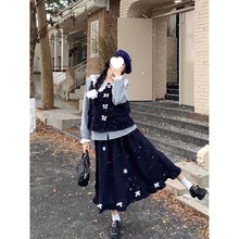 日系甜美娃娃领格子衬衫木耳边马甲半身裙2025春秋新款时尚套装女