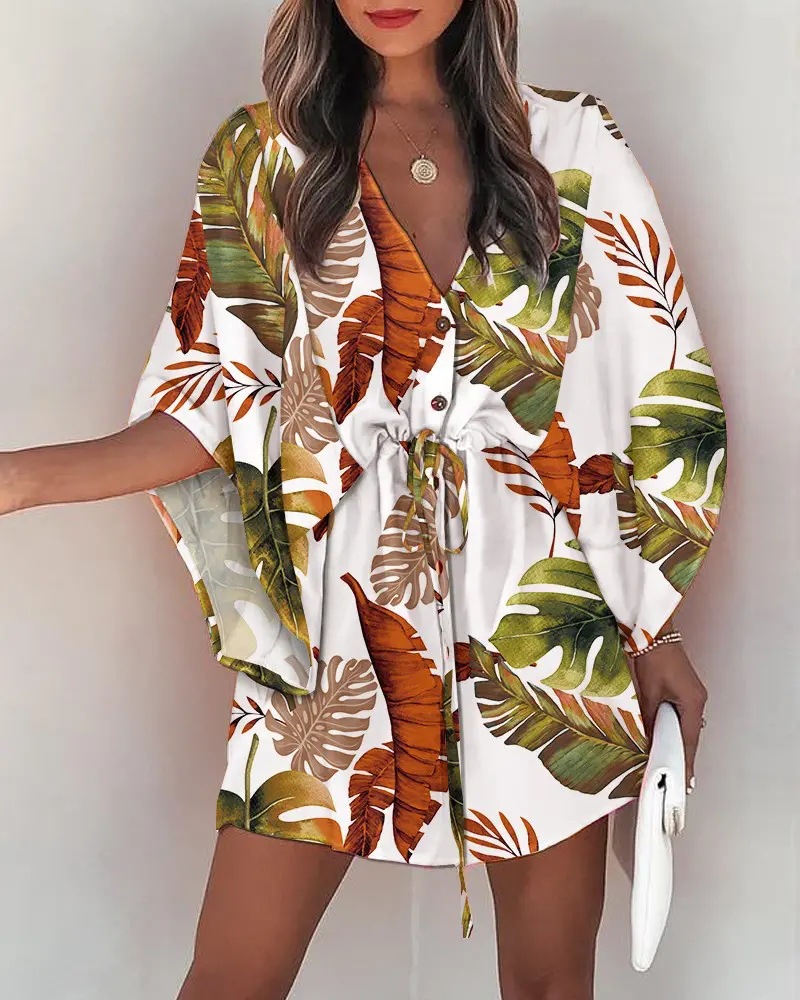 Transfronterizo europeo y americano de verano manga de vuelo Amazon deseo popular con cuello en V con cordones de ocio vestido de vacaciones ropa de mujer