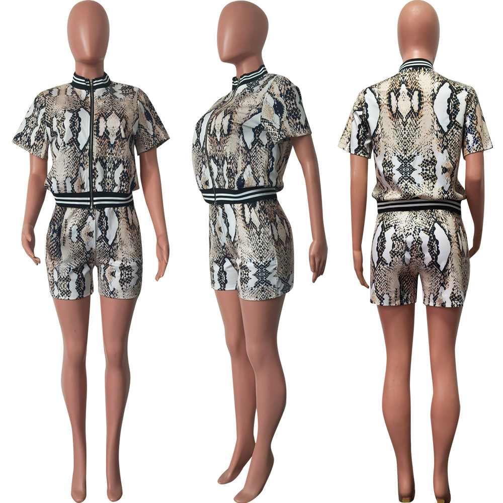 Damen Zweiteiler Set Schlangenmuster Strickjacke Und Shorts_voghion.com