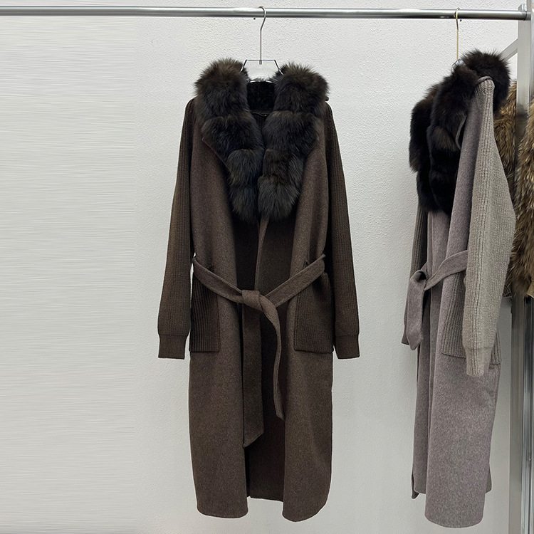 2026 Autumn/Winter New Women's Long Wool Coat with Fox Fur Collar, Tie Detail, and Knit Patchwork, Over-the-Knee Length, Elegant Style 2026 Autumn/Winter New Women's Long Wool Coat with Fox Fur Collar, Tie Detail, and Knit Patchwork, Over-the-Knee Length, Elegant Style