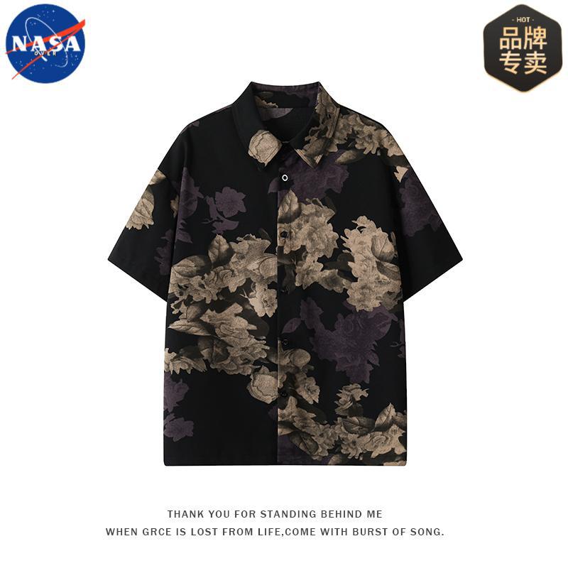 Nasa Short-Sleeved Floral Shirt Men's Summer Thin Handsome Ice Silk Quick-Drying Floral Casual Lapel Men's Shirt Trendy Brand