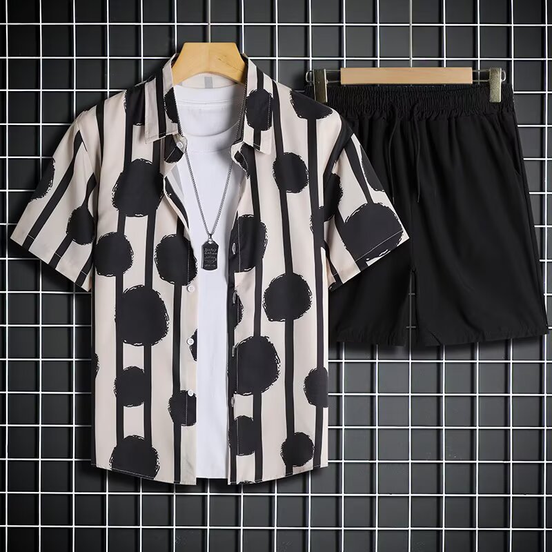 여름 정장 남성 하와이 휴가 꽃무늬 셔츠 루즈한 5점 커플 비치 바지 남성 캐주얼 정장