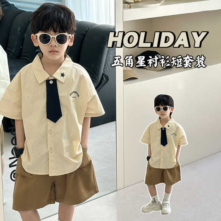 8173 Traje de camisa para niños Verano para niños Manga corta 2025 Nuevo estilo estilo universitario Ropa de verano delgada para bebés