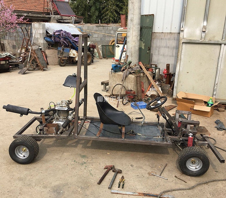Modified Go-Kart Parts, Homemade Four-Wheel Vehicle with Front and Rear Suspension, Steering Wheel, 1m Rear Axle, 6/7/ 8inch Tires