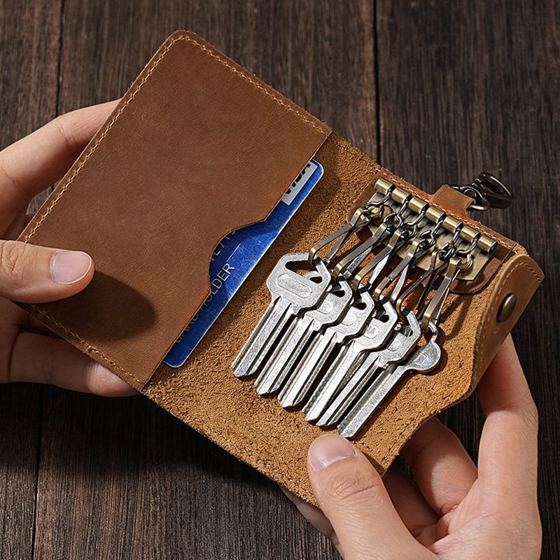Crazy Horse Leather Household Key Bag Unisex Waist Hanging Buckle Belt Card Holder Integrated Key Storage Cow Leather Cover