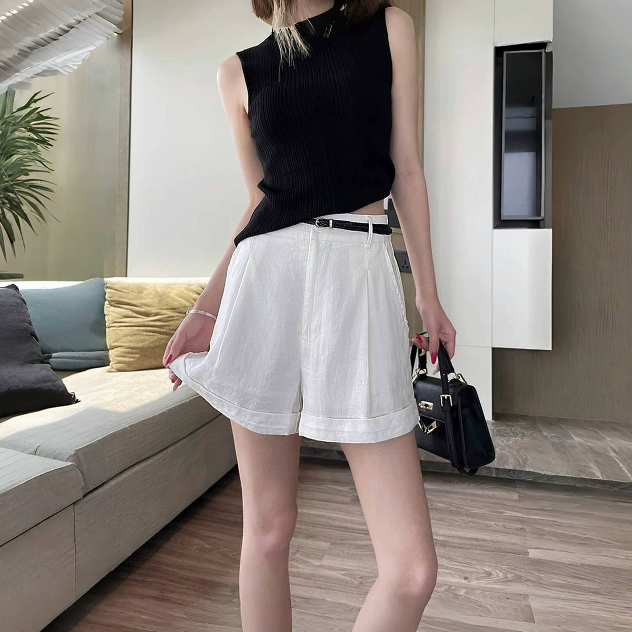 Белые хлопчатобумажные и льняные шорты для женщин лето 2025, тонкие, высокая талия, повседневные, стройнящие, широкие, дышащие, в стиле «ленивый», пятикарманные брюки