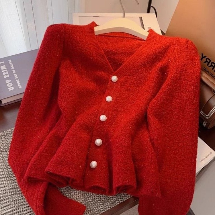 Spring and Autumn New French Style Waist Short Knitted Cardigan Korean Style Small Fragrance Red Sweater Jacket Women 2025