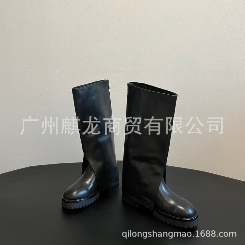 高端2025秋冬新款真皮圆头复古厚底后拉链高筒裤管靴长筒靴骑士靴|undefined