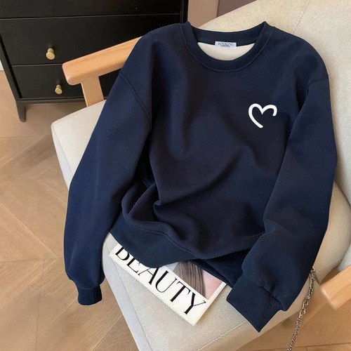 Women's Navy Blue Crew Neck Sweatshirt, Spring and Autumn Thin Version, New Korean Style Fashion Loose Fleece Hoodless Top