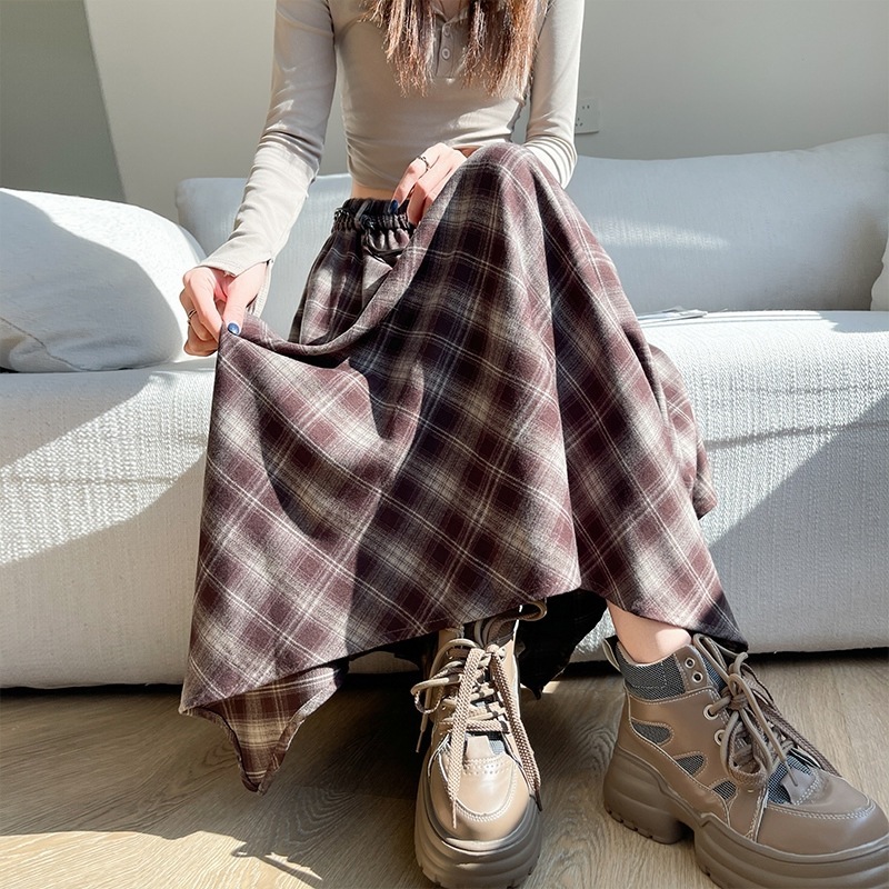 韩版不规则格纹半身裙女2025秋季复古格子松紧腰显瘦中长款a字裙|undefined