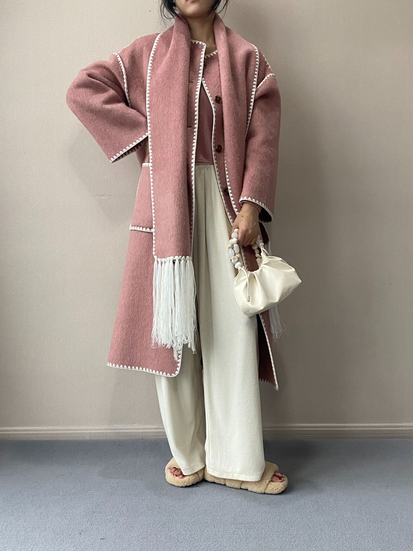 Women's Clothing Double sided Woolen Long Sleeves with Scarf and Tassel Long Tops and Windbreaker Jackets_voghion.com