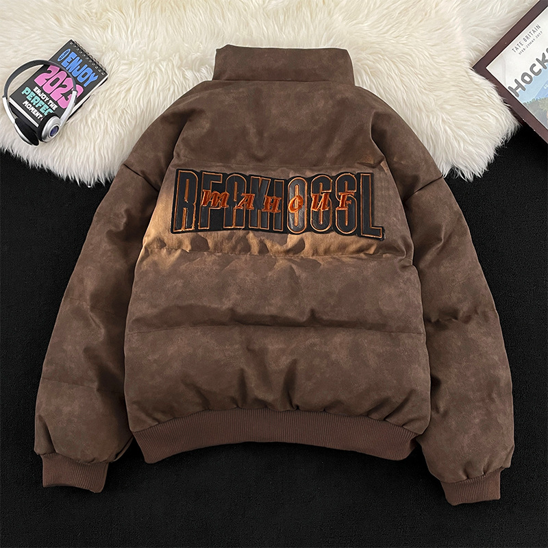Vintage Embroidered PU Leather Down Jacket Cotton Jacket For Men And Women Winter Thickened Oversize Loose Leather Jacket Ins Tide_viptrois.com
