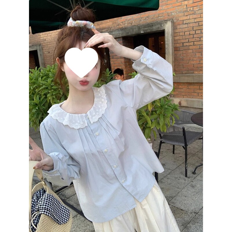 French-Style Sweet Sky Blue Lace Doll Collar Shirt for Women, Early Spring Loose Fit, Slimming and Age-Reducing Blouse Top French-Style Sweet Sky Blue Lace Doll Collar Shirt for Women, Early Spring Loose Fit, Slimming and Age-Reducing Blouse Top