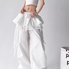 设计感拼接叠穿裙摆工装休闲裤女夏季美式复古宽松显瘦直筒阔腿裤