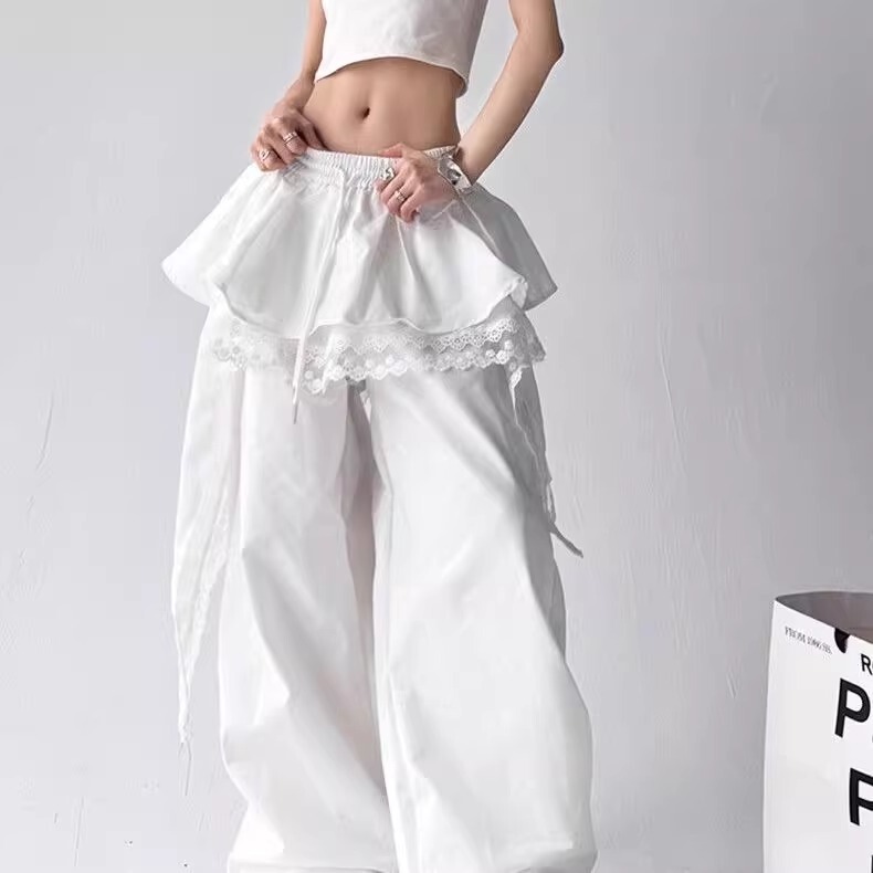 Designed Splicing Layered Skirt Overalls Casual Pants for Women Summer American Retro Loose Slimming Look Straight Wide Leg Pants