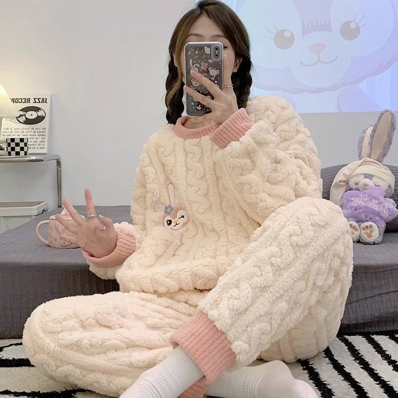 冬季剪花绒加厚睡衣女长袖爆款保暖加厚加绒睡衣加绒家居服女套装|undefined