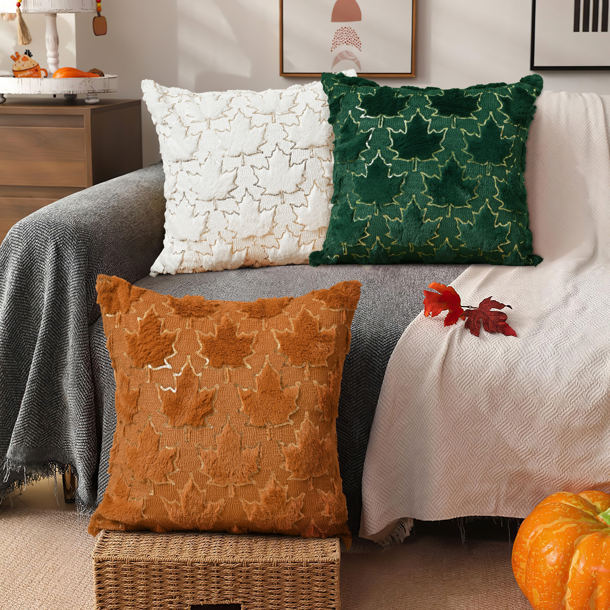 Transfronterizo nuevo oro otoño hoja de almohada cubierta de esponja universal sequela de peluche hoja de arce Halloween almohada cubierta de almohada TEMU