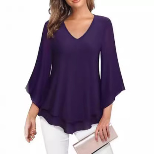 2023 Cross-border Women's Dress Top with Seven-sleeve Waist Asymmetrical Hem Shirt Light Mesh Lace Shirt