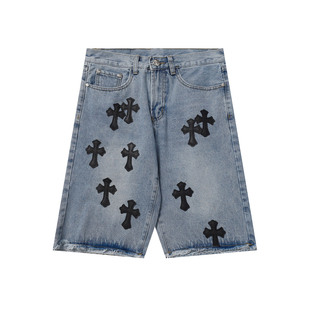 25 New Ch Crocodile Trendy Brand Cross Leather Embroidered Raw Edge Loose Casual Denim Shorts for Men and Women