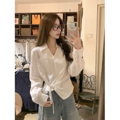 秋季女百搭法式v领设计感侧腰绑带短款衬衫韩版简约百搭长袖衬衣