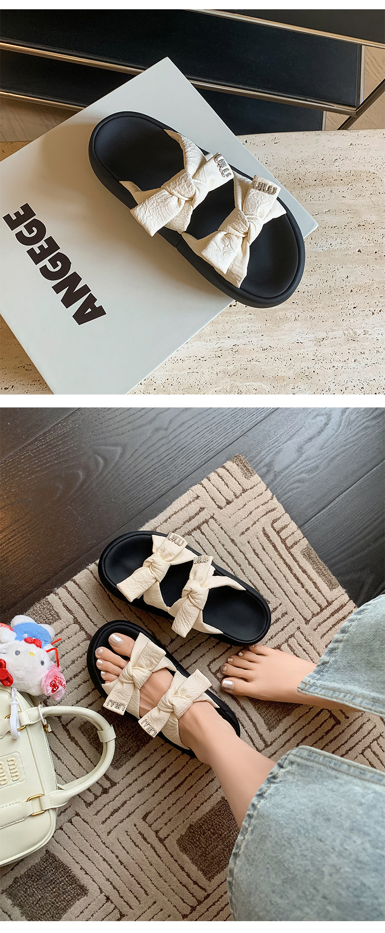 Dép sandal nữ quai chữ V đế dày nơ bướm phong cách bánh mì mềm mại — Màu trắng be, Màu vàng chi tiết 20