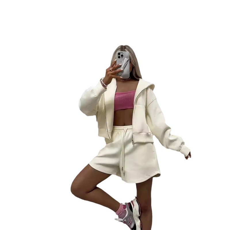 AliExpress 独立したステーションファッション女性のフード付き大きなポケットスウェットシャツショーツツーピースカジュアルスーツ女性|undefined