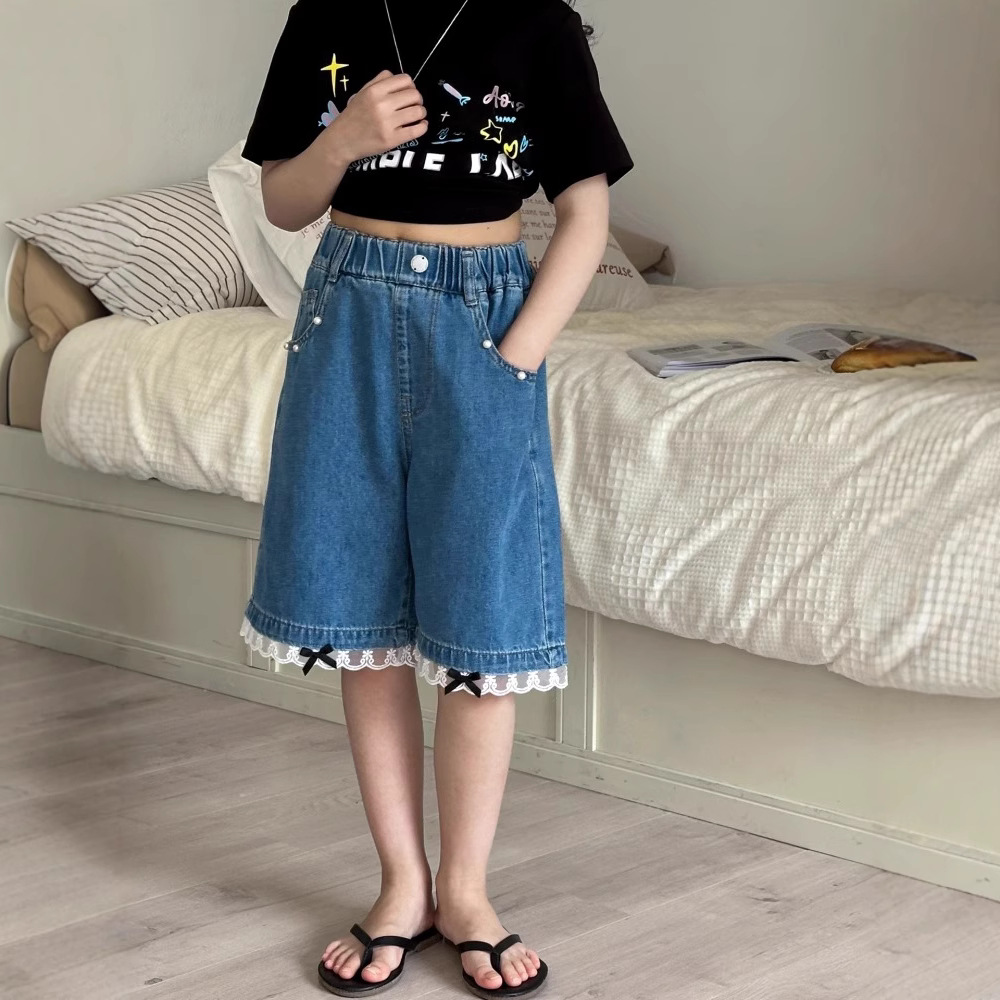 Little Red Fish Girls' Pants Summer Thin Style 2026 New Model Girls' Jeans for Middle School Students Short Straight-Leg Five-Point Pants Parent-Child Matching