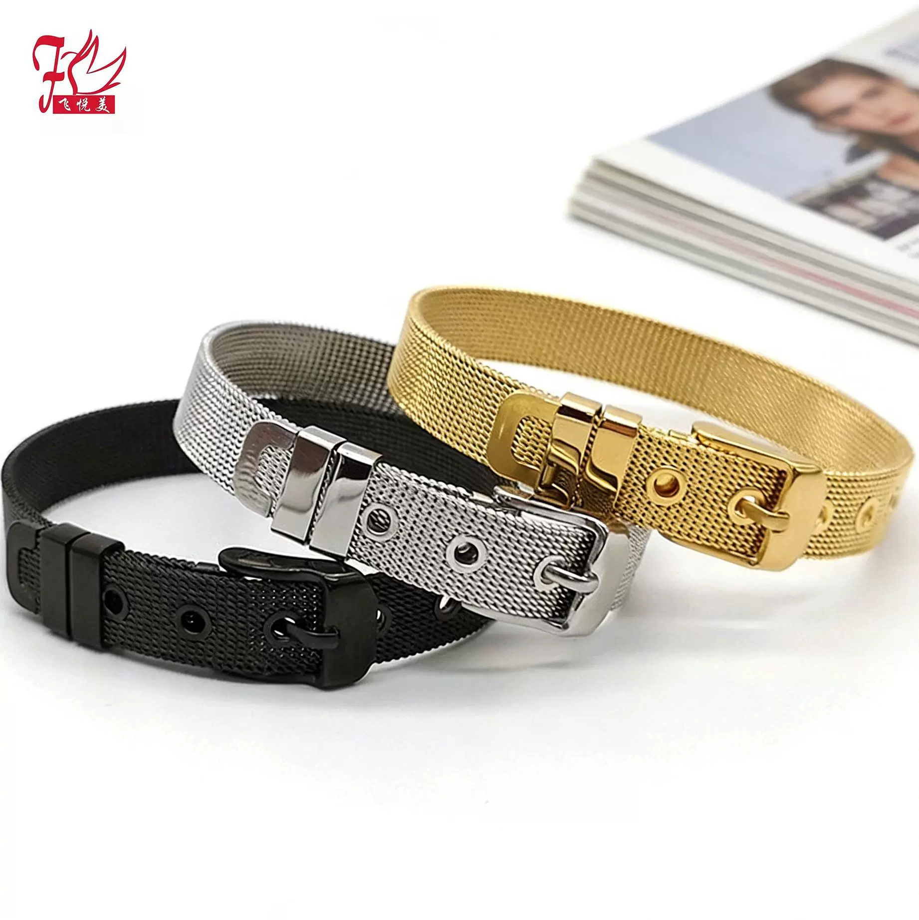 跨境不锈钢手链欧美热销钛钢表带配饰时尚网带情侣不锈钢手环饰品