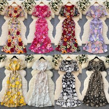法式高端优雅重工花朵刺绣圆领灯笼袖收腰显瘦修身鱼尾礼服连衣裙